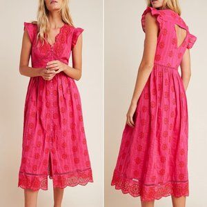 Anthropologie Tomine Embroidered Eyelet Midi Dress